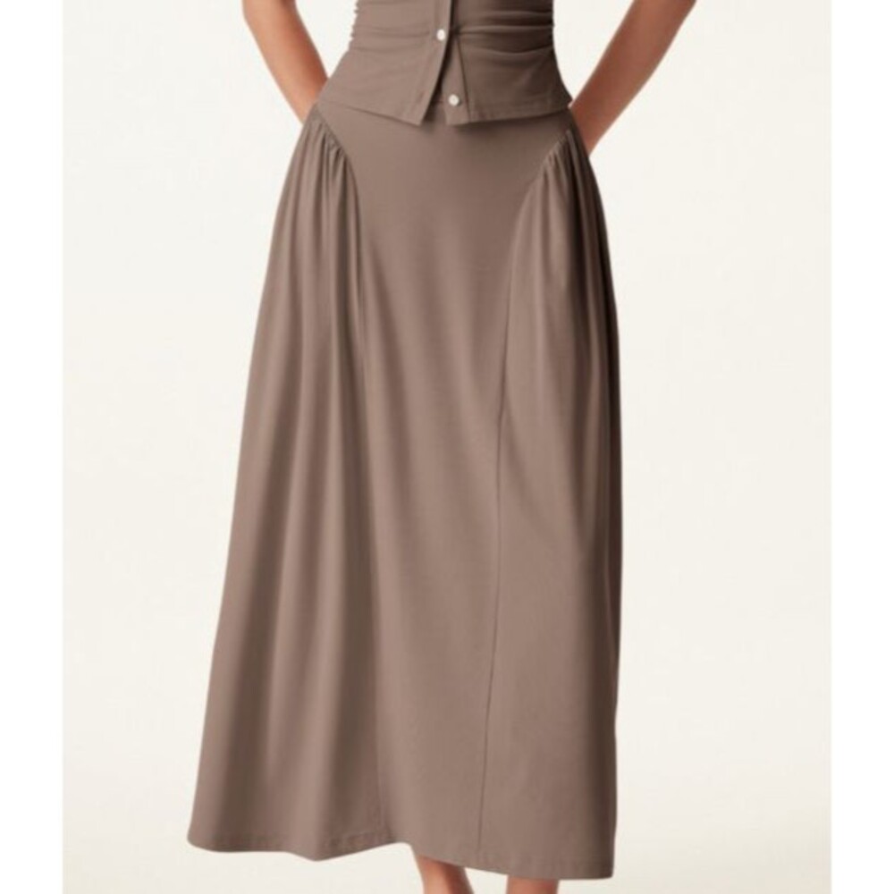 OGL Eco-SkinKiss Curved Gathering Flared Midi Skirt with Pockets Brown Size XL